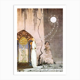 "She Could Not Help Setting The Door A Little Ajar Just To Peep In When Pop Out Flew The Moon" by Kay Nielsen - East of the Sun and West of the Moon 1914 - Vintage Victorian Fairytale Art Signed Remastered High Resolution Art Print