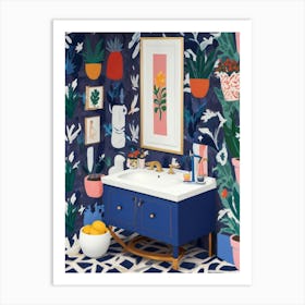 Blue Bathroom With Plants Art Print