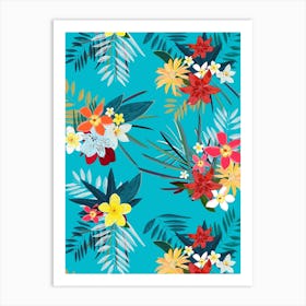 Frangipani, Lily Palm Leaves Tropical Vibrant Colored Trendy Summer Pattern Art Print