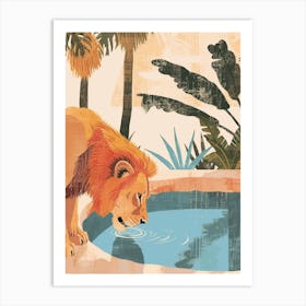 African Lion Drinking From A Watering Hole Illustration 2 Art Print
