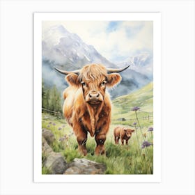Highland Cow With Calf In The Background Art Print