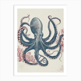 Red & Blue Octopus Retro Linocut Inspired 3 Art Print