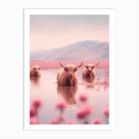 Highland Cows In The River Pink Realistic Photography  2 Art Print