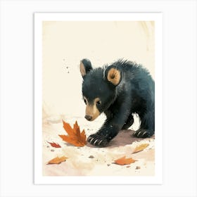 American Black Bear Cub Playing With A Fallen Leaf Storybook Illustration 2 Art Print