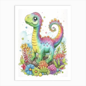 Cartoon Rainbow Iguanodon Dinosaur Art Print