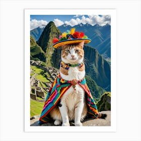 Cat’s Eye View: Famous Sights Captured in Purrfection Cat In Peru Machu Picchu Art Print