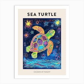 Sea Turtle At Night Crayon Drawing Poster Art Print