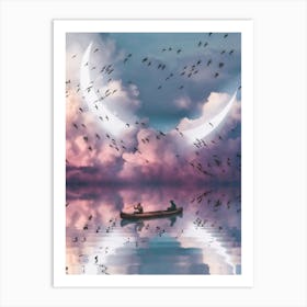 Reflection Birds Crescent Moon Canoe Art Print