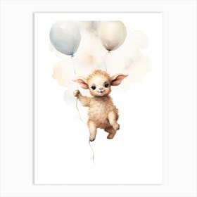 Baby Sheep Flying With Ballons, Watercolour Nursery Art 1 Art Print
