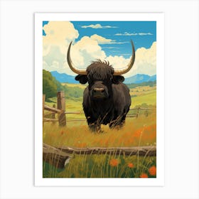 Black Highland Bull By Wooden Fence In The Highlands Art Print