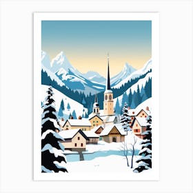 Retro Winter Illustration Hallstatt Austria 1 Art Print