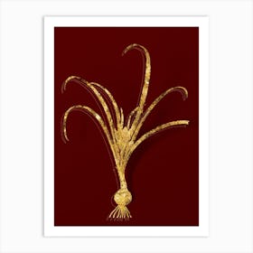 Vintage Yellow Autumn Crocus Botanical in Gold on Red n.0044 Art Print