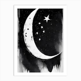 Crescent Moon And 1 Star Symbol Black And White Painting Art Print
