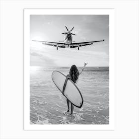 Hang Loose - Aircraft Coming in For Landing - Surfboard Beach Girl Art Print