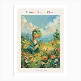 Cute Dinosaur In A Meadow Storybook Painting 1 Poster Art Print