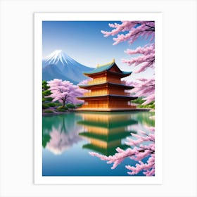 Pink Cherry Blossoms Mount Fuji Japan Beautiful Lake Landscape 1 Art Print