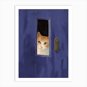 Cat Peeking Out Of A Blue Door Art Print