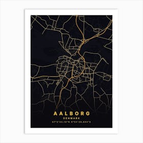 Aalborg Denmark Black and Gold Map Art Print