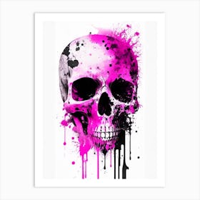 Skull With Watercolor Or Splatter 1 Effects Pink Linocut Art Print