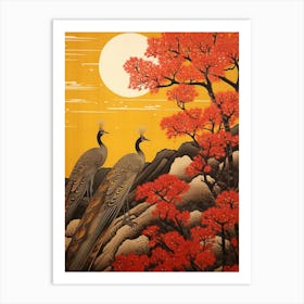 Autumn Dandelion And Peacocks 1 Vintage Japanese Botanical Art Print