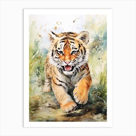 Tiger Illustration Running Watercolour 4 Art Print