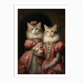 Two Cats In Pink Blush Medieval Cats Rococo Style Art Print