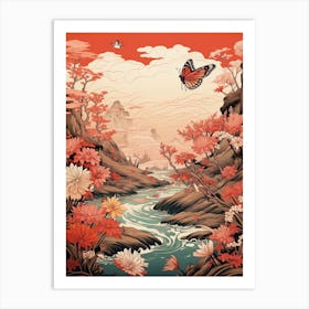 Butterflies At Sunset By The River Japanese Style Painting 2 Art Print