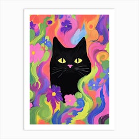 Black Cat In Colourful Flower Background Art Print