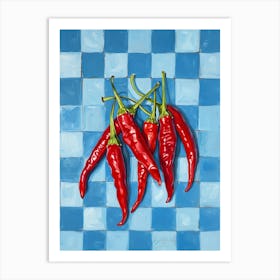 Red Chillis Blue Checkerboard 2 Art Print