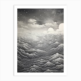 Yatsugatake Mountains In Yamanashi, Ukiyo E Black And White Line Art Drawing 2 Art Print