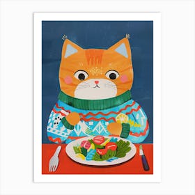 Cute Orange Eating Salad Folk Illustration 1 Art Print