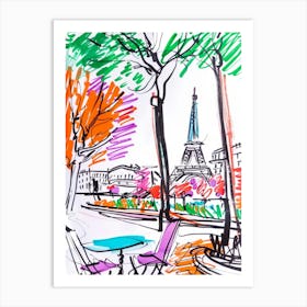 Parisien Street with view on a Eiffel Tower. Matisse Style Travel French Sketch Art Print