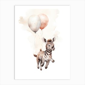 Baby Zebra Flying With Ballons, Watercolour Nursery Art 3 Art Print