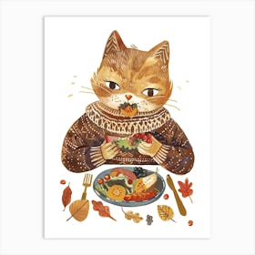 Brown Cat Eating Salad Folk Illustration 3 Art Print