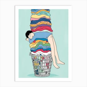 Man Sleeping In A Laundry Basket Art Print