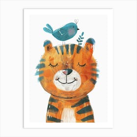 Small Joyful Tiger With A Bird On Its Head 17 Art Print