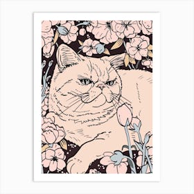 Cute Exotic Shorthair Cat With Flowers Illustration 1 Art Print