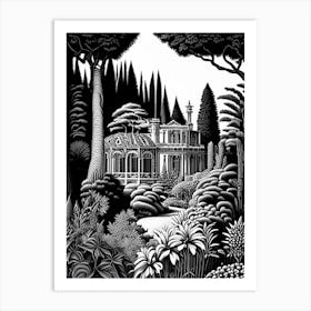Villa Cimbrone Gardens, 1, Italy Linocut Black And White Vintage Art Print