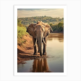 African Elephant Drinking Water Realistic 3 Art Print