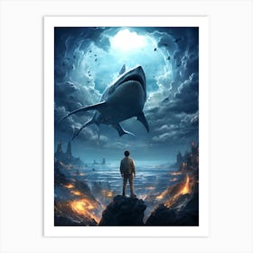 Man Standing In Front Of A Shark Art Print