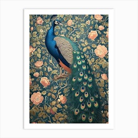 Turquoise Floral Peacock Wallpaper Art Print