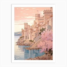 Korcula Croatia 1 Vintage Pink Travel Illustration Art Print