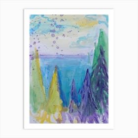 Watercolor Pine Trees - Purple Yellow Blue Art Print