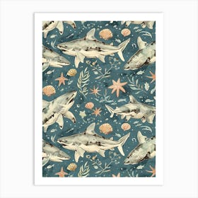 Pastel Blue Dogfish Shark Watercolour Seascape Pattern 1 Art Print