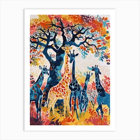 Cute Giraffe Herd Under The Trees Illustration 3 Art Print