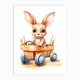 Baby Kangaroo On Toy Car, Watercolour Nursery 1 Art Print