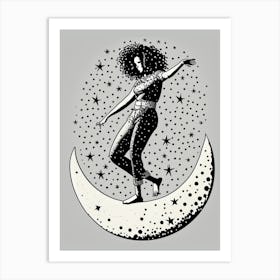 Dance on the Moon - Black and White Celestial Illustration Art Print