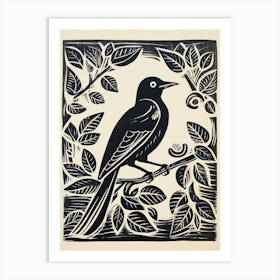 B&W Bird Linocut Magpie 1 Art Print