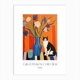 Cats & Flowers Collection Irises Flower Vase And A Cat, A Painting In The Style Of Matisse 0 Art Print