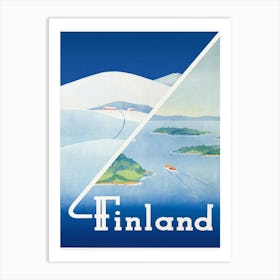 Finland. This vintage Finnish travel poster shows scenes from summer and winter. Circa 1948. Art Print